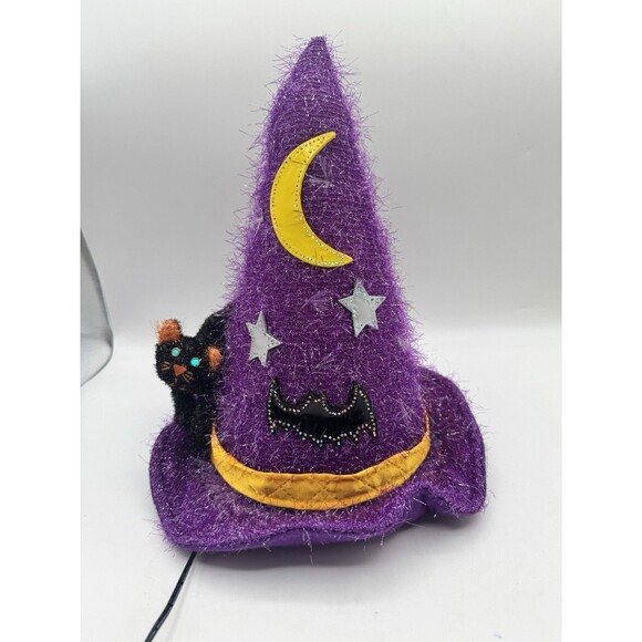 Vintage Halloween Fiber Optic 12" Purple Witch Hat Kids Of America Black Cat 01’